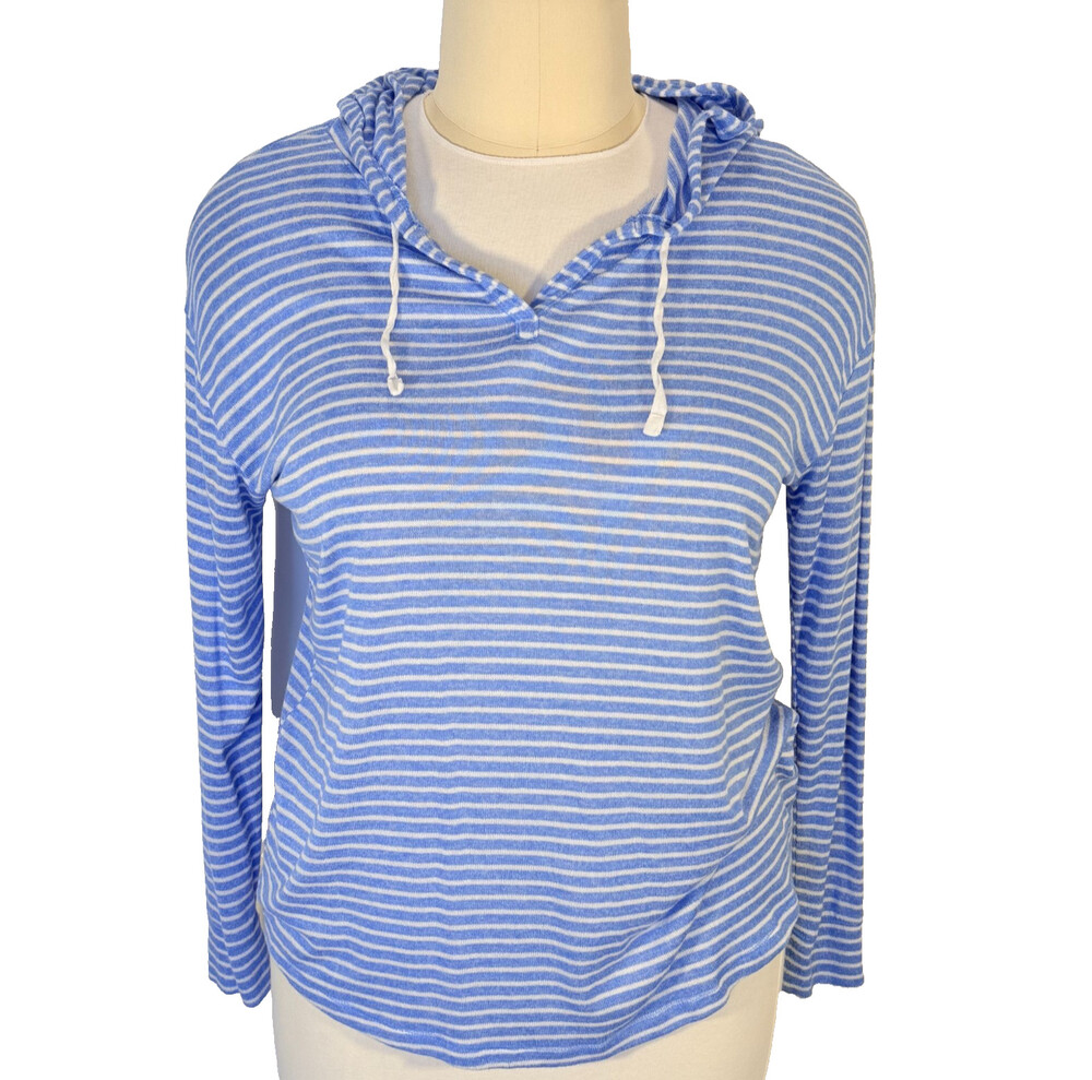 SO Hooded Knit Sweatshirt Women's XL Baby Blue White Stripe Drawstring Beachy